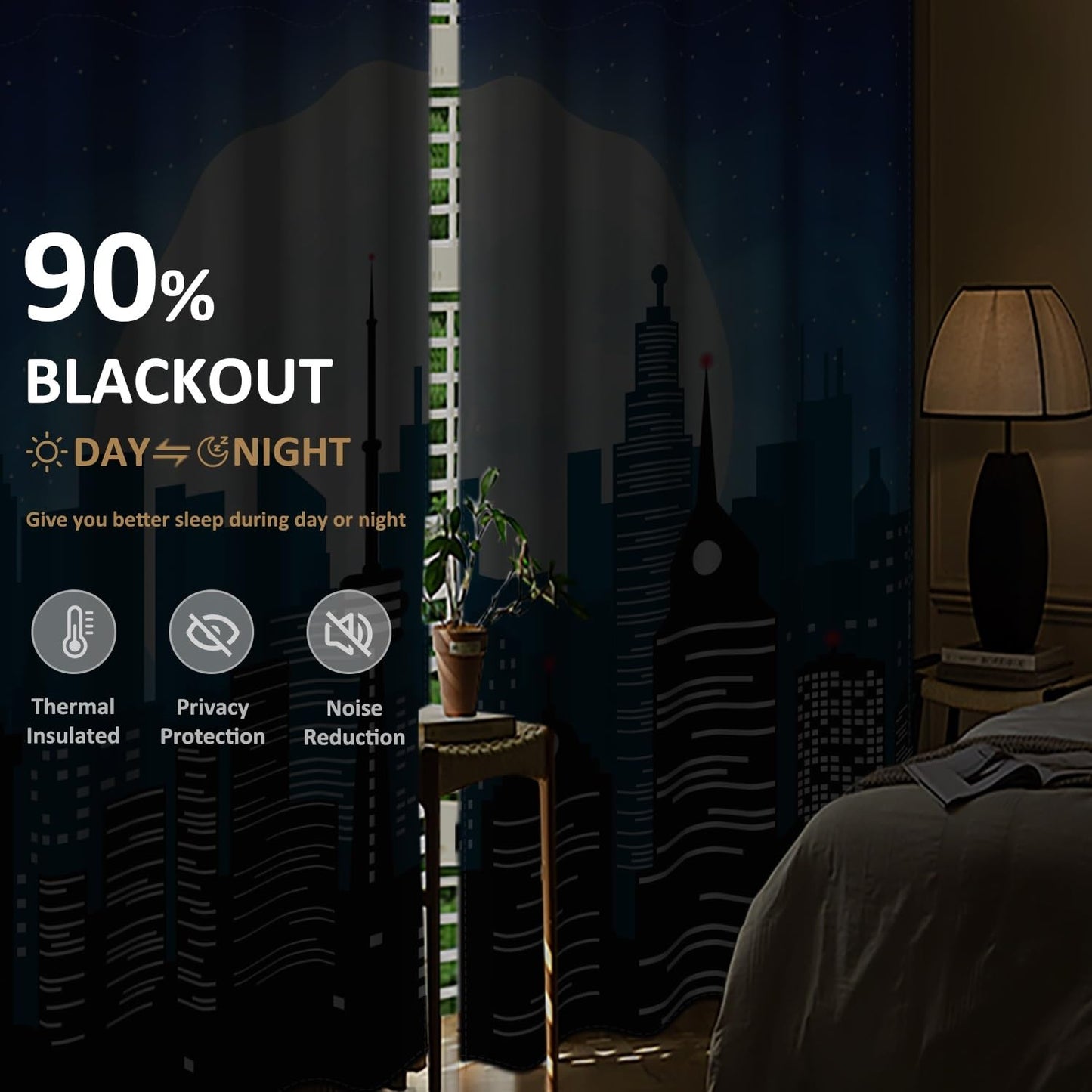 TTQYFNM Cartoon Super City Blackout Curtains Urban Night Moon Skyline City Buildings Window Drapes Superhero Cityscape Window Curtain Treatments for Kids Bedroom Living Room 2 Panel Set,42x63inch
