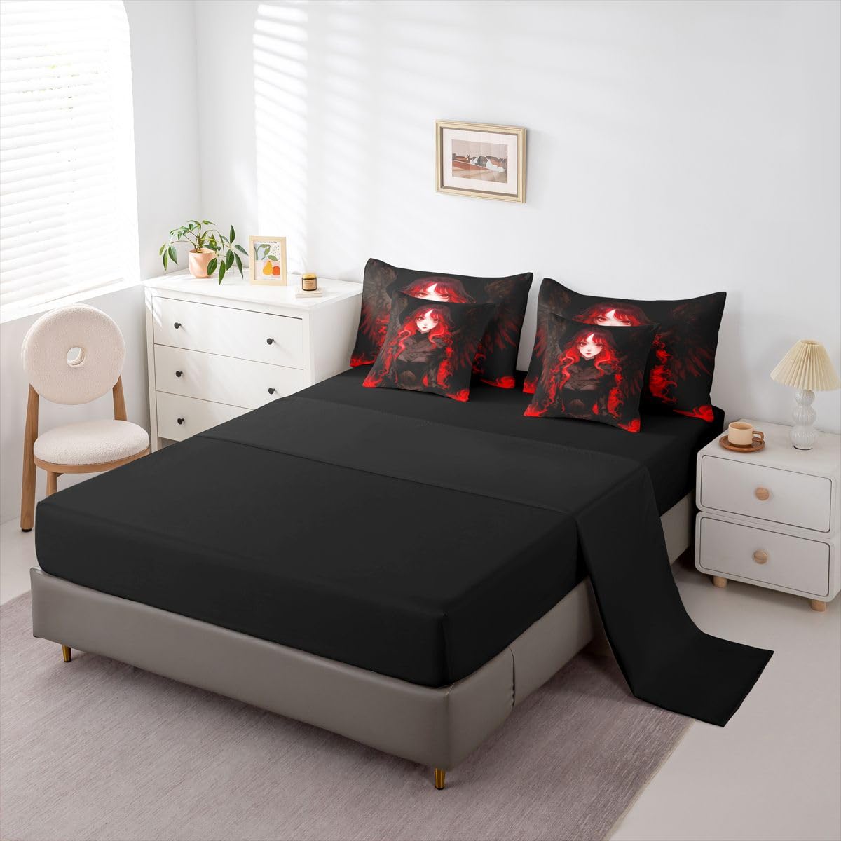 Erosebridal Japanese Anime Comforter Set Japan Ukiyoe Girl Bedding Set 7 Pieces Black and Red Anime Bed in A Bag Twin,Japanese Style Sheet Set with Comforter for Room Decor