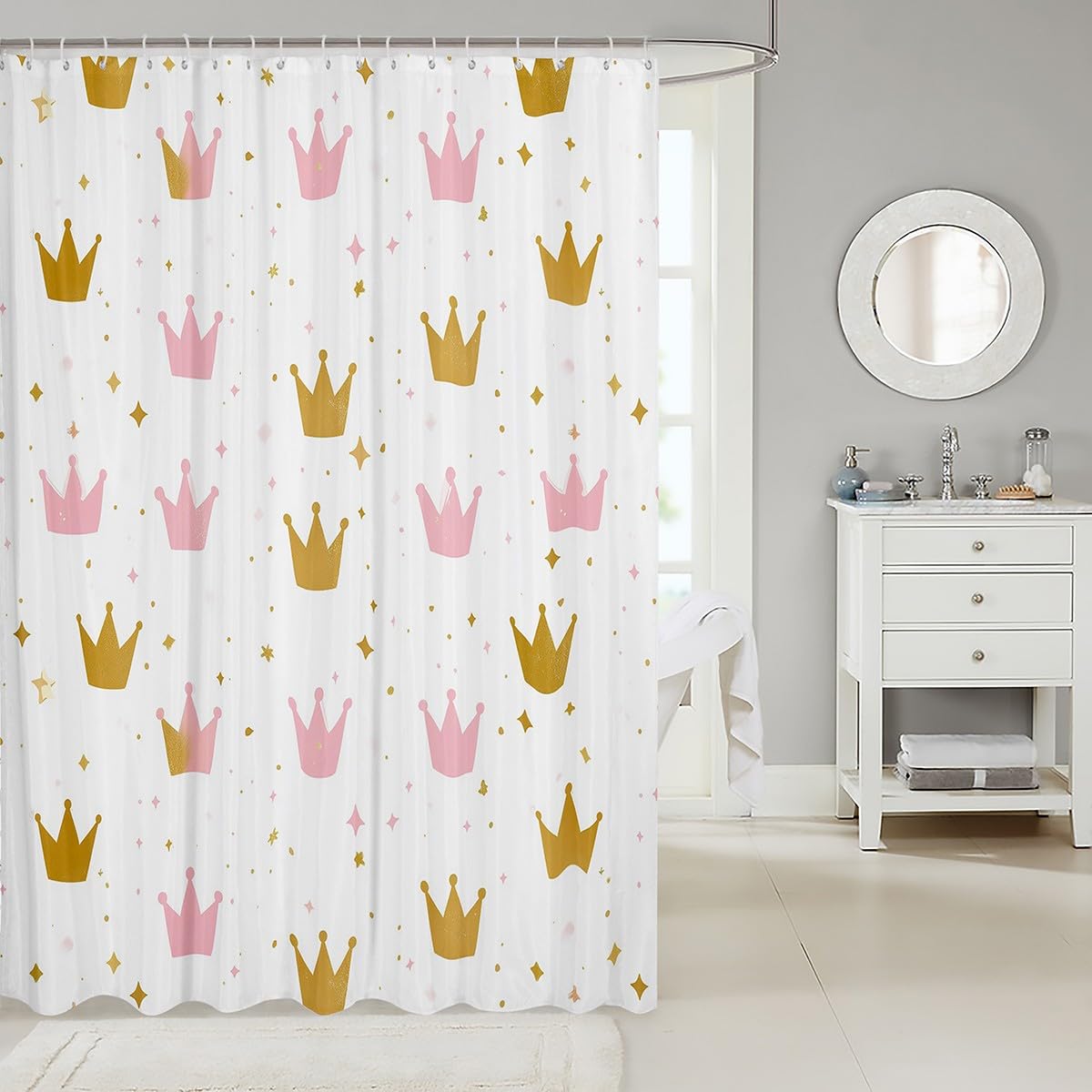 Crown 72" W X 72" L Bathroom Shower Curtain Sets Golden And Pink Crown Print Fabric Shower Curtain,Princess Style Royal Shower Curtain Cartoon Glitter Decor Bathroom Accessories for Girls Boys,White