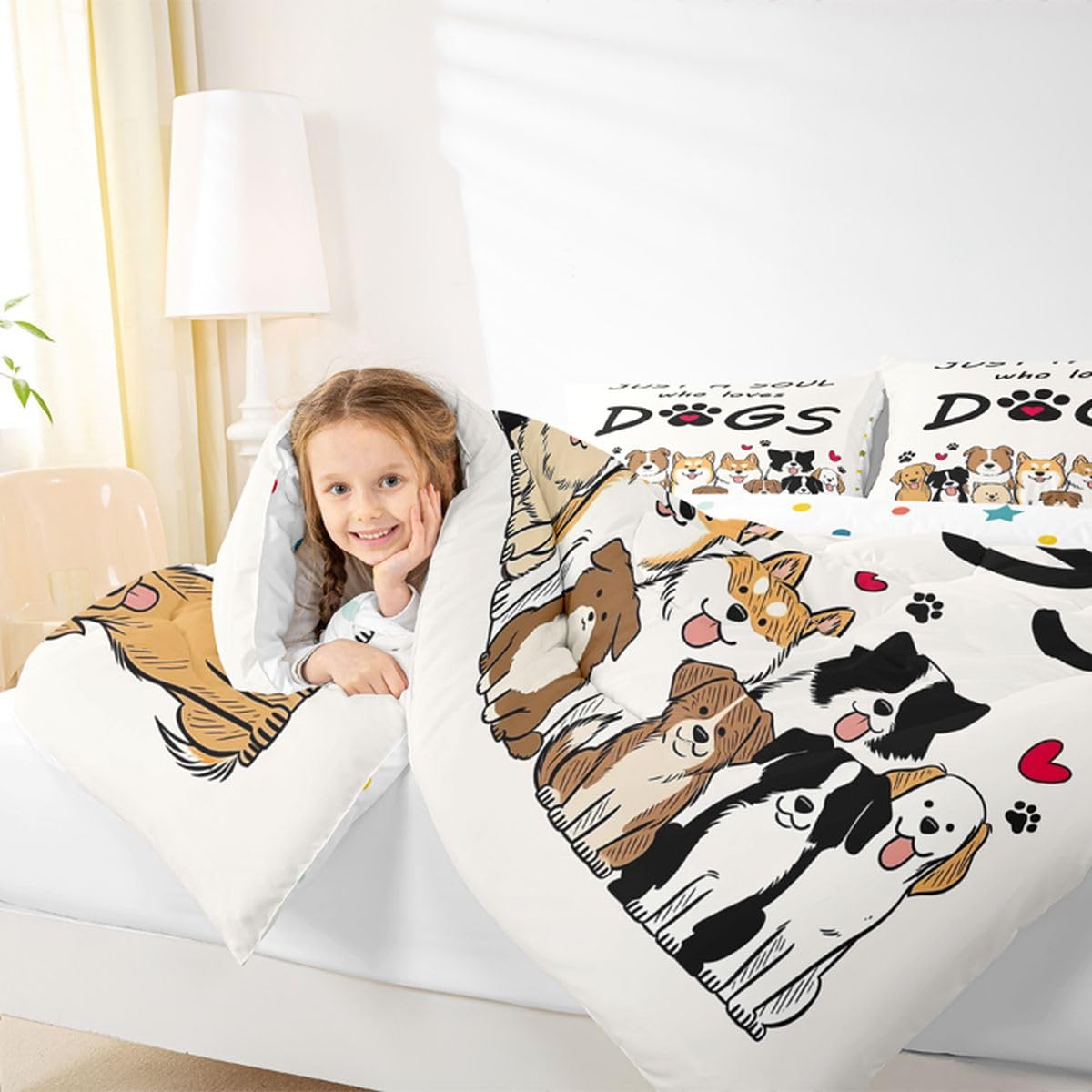 jejeloiu Cute Dog Comforter Set All Season Puppy Dog Bedding Set with 2 Pillow Cases Kawaii Animals Decor Microfiber Kids Queen Bedclothes Bedroom Decor Duvet Quilt Breathable Soft Lightweight
