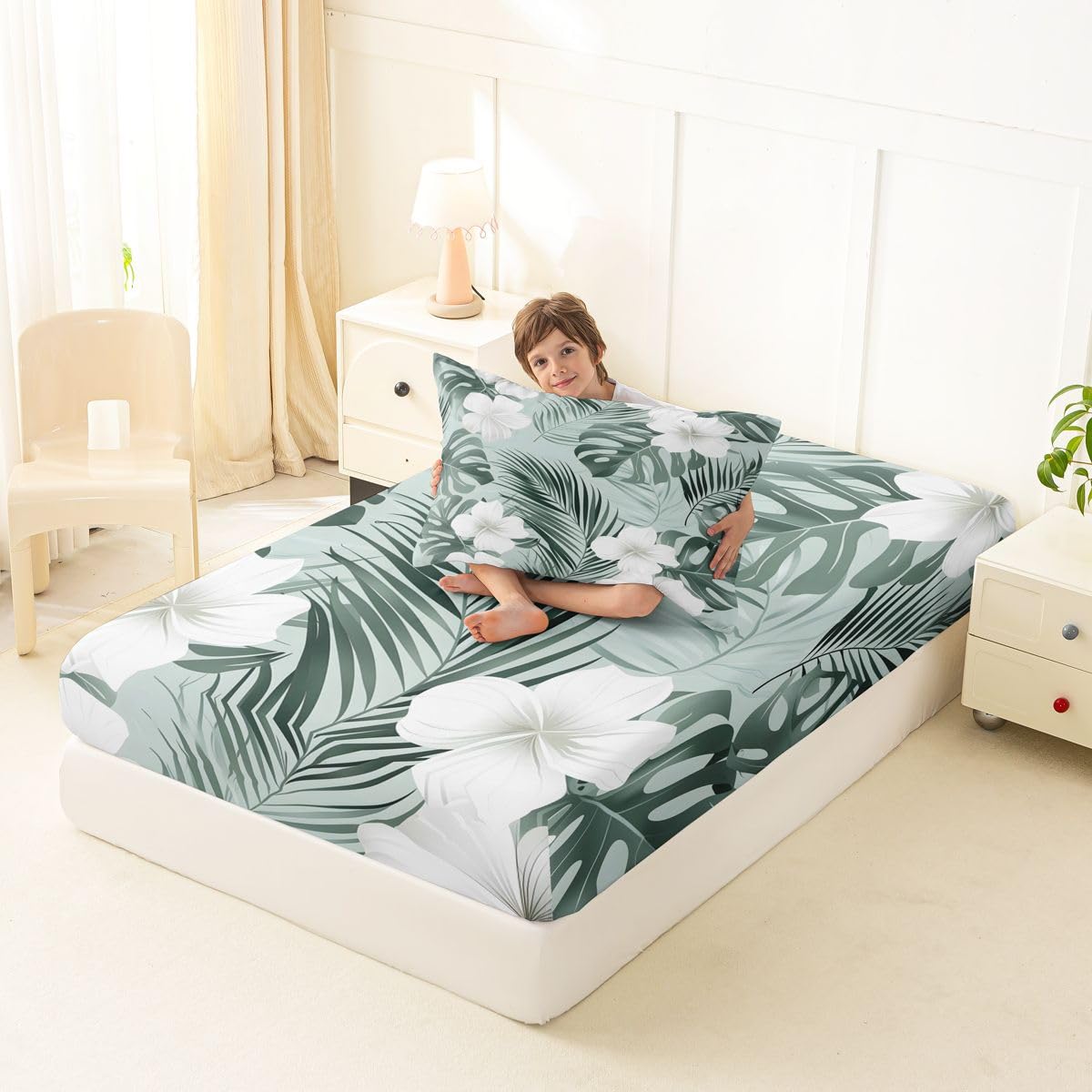 Erosebridal Tropical Floral Fitted Sheet Twin Gradient Mint Watercolor Palm Leaf Floral Bed Sheets Soft Breathable Bedding Set,Summer Hawaiian Themed Bed Cover 2 Pcs