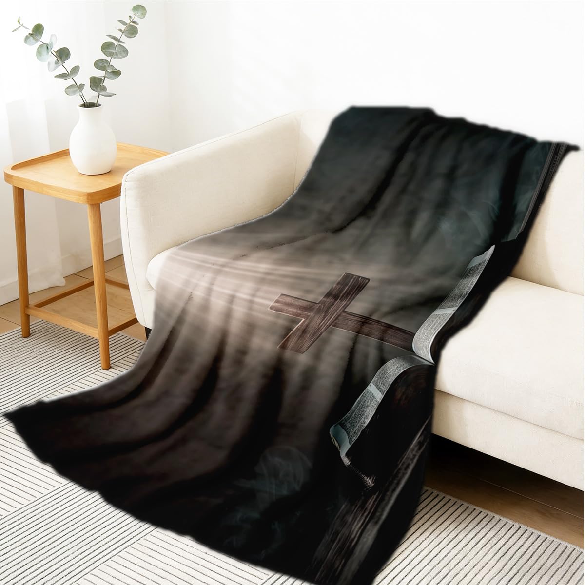 HUNXIAOJ Christian Flannel Blankets for Women Men Adults Cross and Scripture Decor Print Blankets Throw Soft Inspirational Decor Christ Gifts 59"x70"