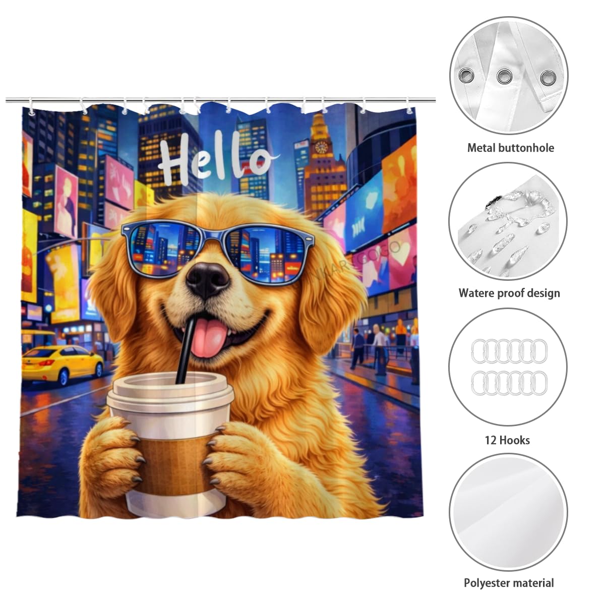 LFINKARTGOGO Golden Retriever City Shower Curtain 72x72 Inch with 12 Hooks Coffee Lover Bathroom Decor Urban Nightscape Waterproof Washable Polyester Bath Curtain