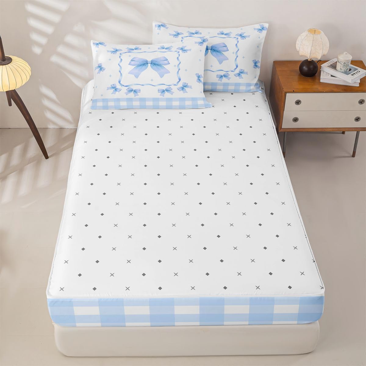Feelyou Cute Bow Zipper Bedding Queen Kawaii Bowknot Zipper Bedding Sets for Kids Boys Girls Princess Bowknot Comforter Set with Fitted Sheet and Pillowcases Buffalo Check Bedroom Decor Blue