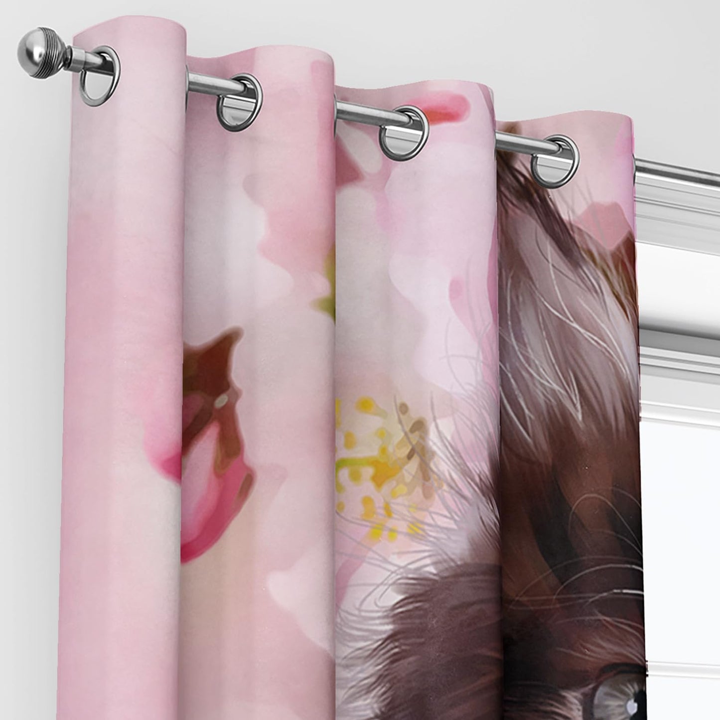 AILONEN Cute Kitten Window Curtain, 3D Cat Drapes Curtains for Bedroom Living Room,Pink Sakura Cow Cat Window Treatments Drapes for Kids Boys Girls, 38" W x 45" H 2 Panels