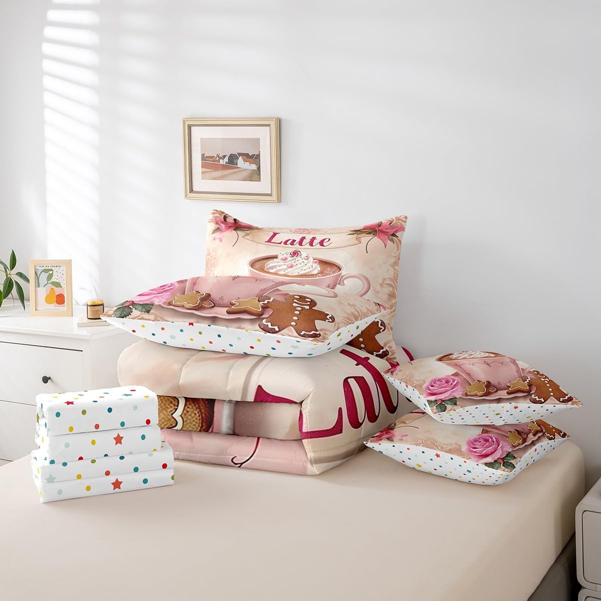 Erosebridal Girls Latte Bedding Set for Kids Teens,Pink Bowknot Roses Comforter Set Full Size,Delicious Dessert (Comforter+Fitted+Flat Sheet+2 Pillowcases+2 Throw Pillow Covers) 7 Pieces Bed Set