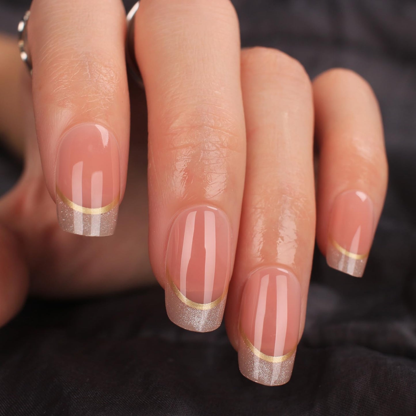 Short Almond Press On Nails Nude Glitter French Tips with Gold Outline, Glossy Acrylic Fake Nails, Reusable Stick On Nails Kit with for Women, Elegant Shimmery Manicure Set