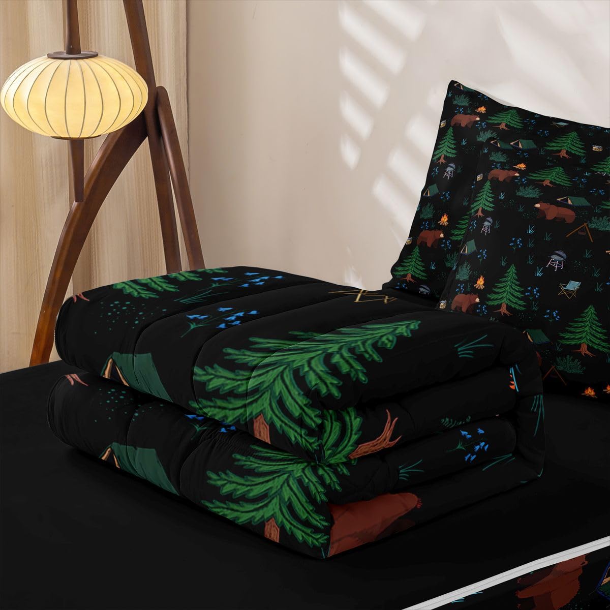 Erosebridal Hunting Bear Twin Zipper Bedding Happy Camping Comforter Set with Fitted Sheet Kids Camper Theme 3 Pcs Bed in a Bag Set Wild Animals Pine Tree Woodland Zip Up Bedding Sets