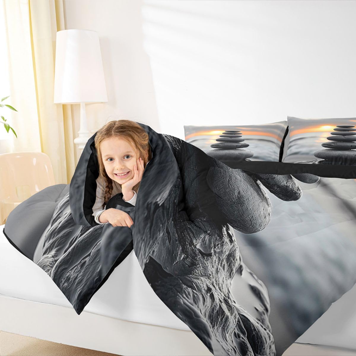 jejeloiu Black Grey Zen Comforter Set All Season Coastal Ocean Beach Bedding Set with 1 Pillow Cases Sunrise Microfiber Kids Toddler Bedclothes Bedroom Decor Duvet Quilt Breathable Soft Lightweight