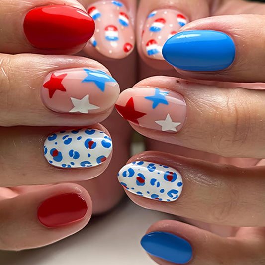 24Pcs Independence Day Press on Nails Short Oval Fake Nails Cute Design Red & Blue Style Acrylic Stick on Nails Star Reusable Glossy Full Cover Glue on Nails for Women 4th of July Manicure Decorations