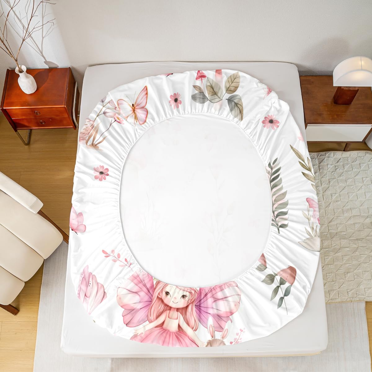 Erosebridal Fairy Garden Twin Bedding Set - Mushroom Floral Butterfly Fitted Sheet for Kids Girls, Pink Flower Bunny Bottom Sheets Only | Forest Themed Fairies Bed Set 2 Piece Room Decor