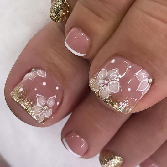 24Pcs Flower Press On Toe Nails for Women French Tip With Gold Glitter Rhinestones Designs Glossy Fashion False Full Cover Acrylic Nails Art DIY Foot Design Tips