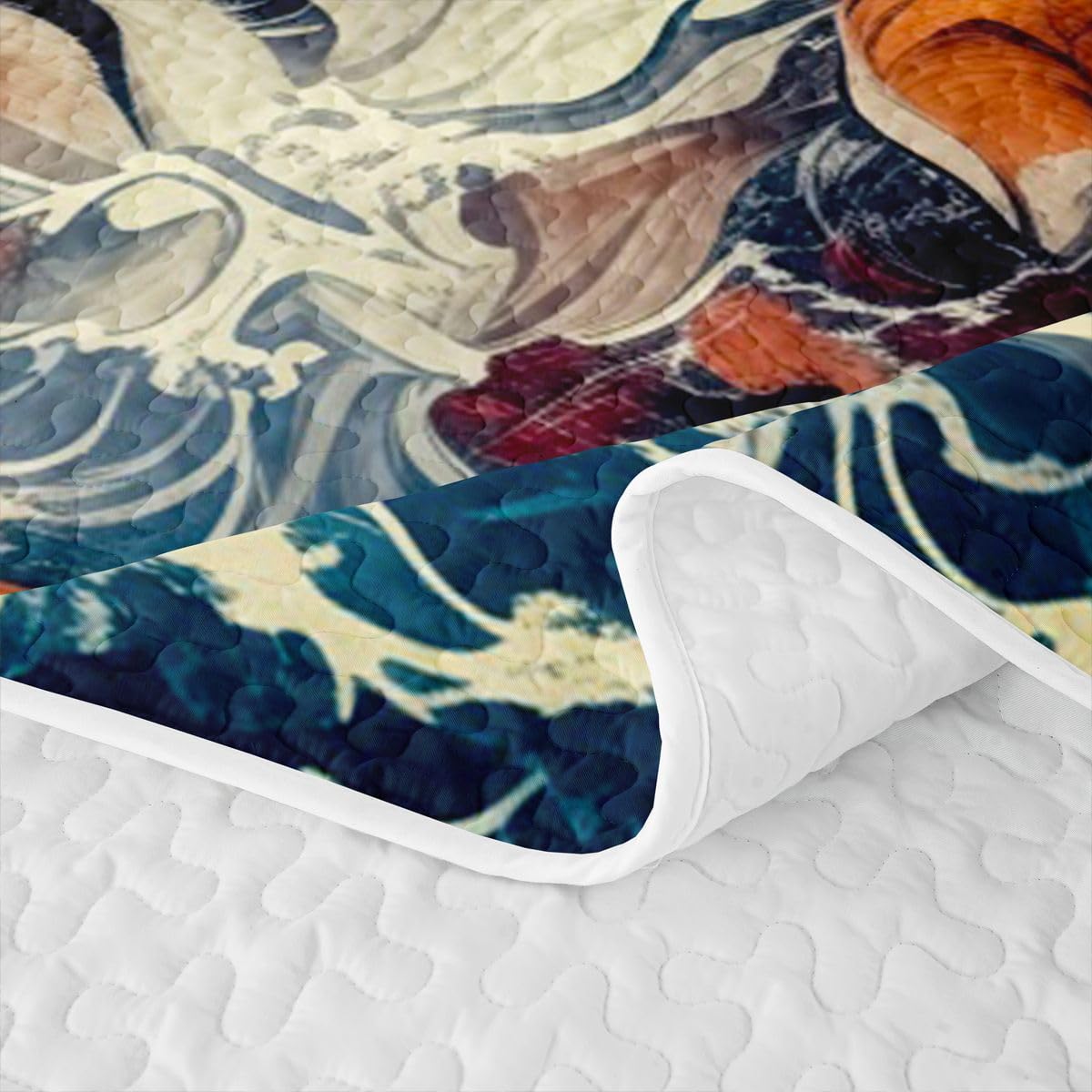 Erosebridal Japanese Style Quilt Twin Size - Watercolor Tiger Print Bedspread Red Sun and Japanese Wave Bed Coverlet with 1 Pillowcase