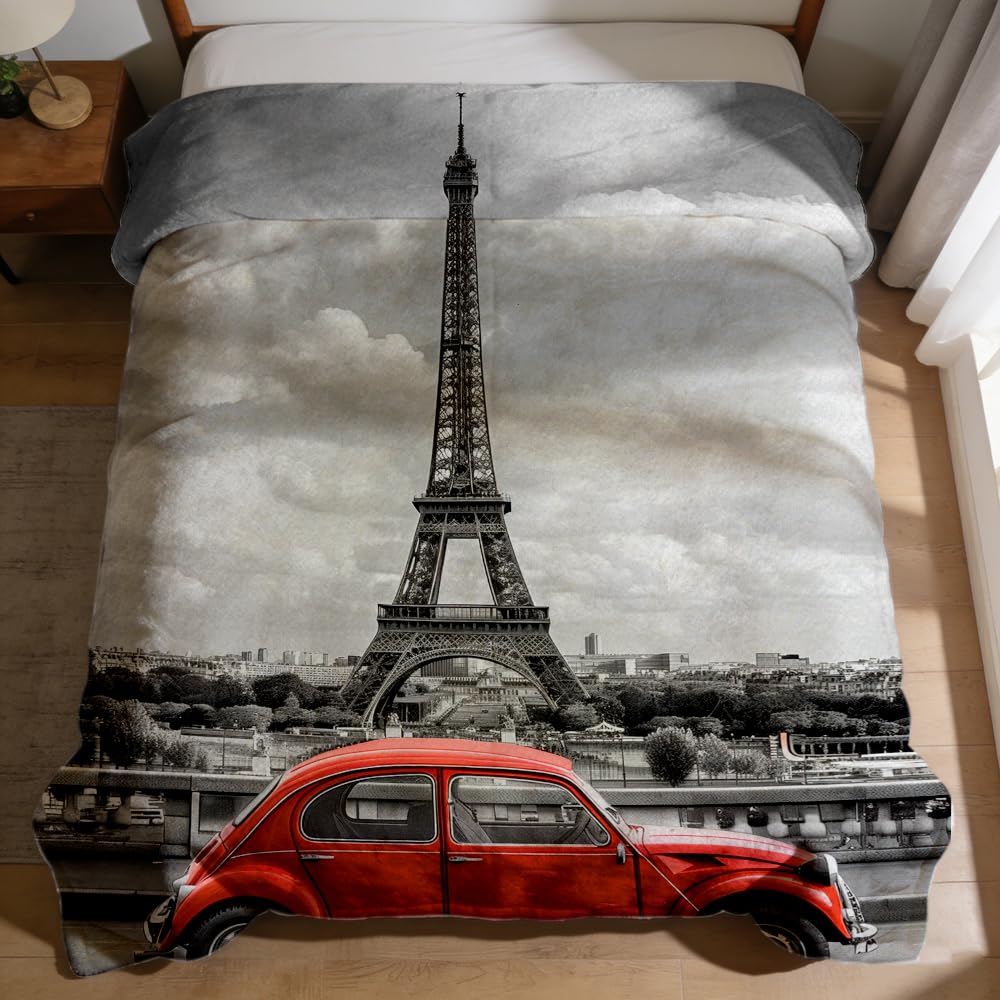 ZHOUSHUTONG Paris Blanket Throw Red Umbrella Flannel Blankets Eiffel Tower Car Plush Throw French Romantic Print Throws for Girls Bedroom Living Room Bed Couch Sofa 49"x59"