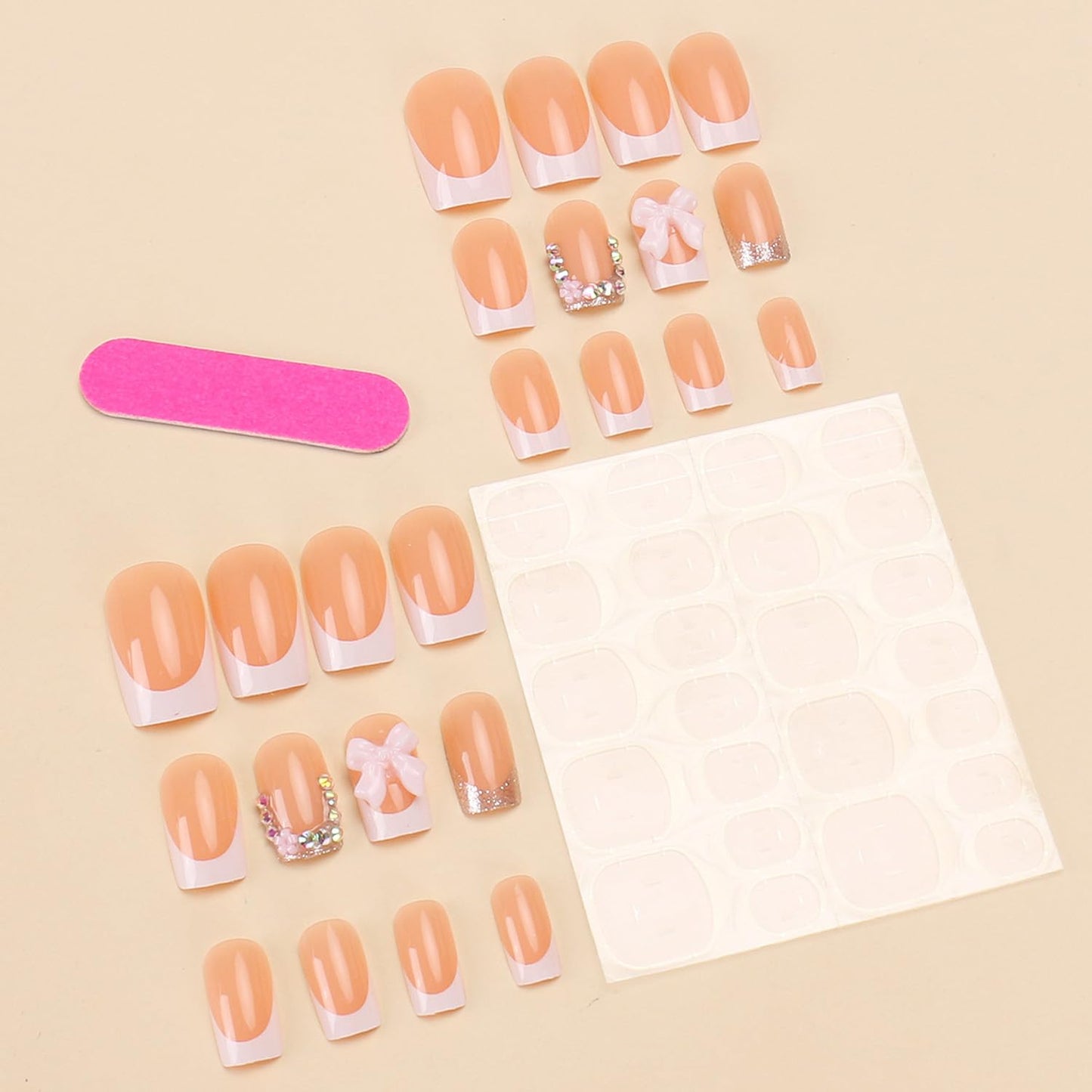 24Pcs French Tip Press on Short Square - 3D Handmade Press on Nails with 3D Flower Bow Rhinestone Charms Design Fake Nails Glitter French Nails Cute Press ons Shiny Bows False Nails for Women