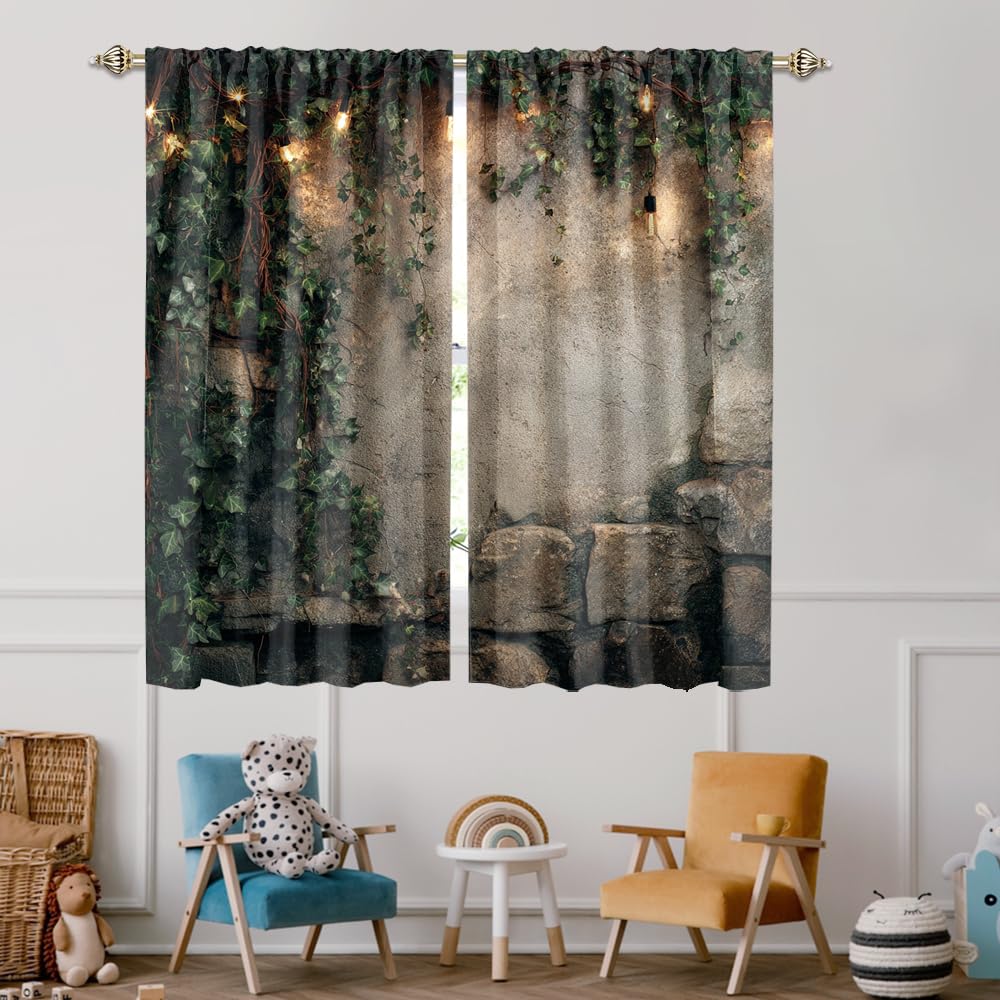 XSUPFLYM Retro Realistic Stone Wall Window Thermal Curtain for Living Room Mid Century Classic Spring Landscape Botanical Plant Green Leaves Blackout Curtains for Bedroom 2 Panels Each 21" W x 54" L