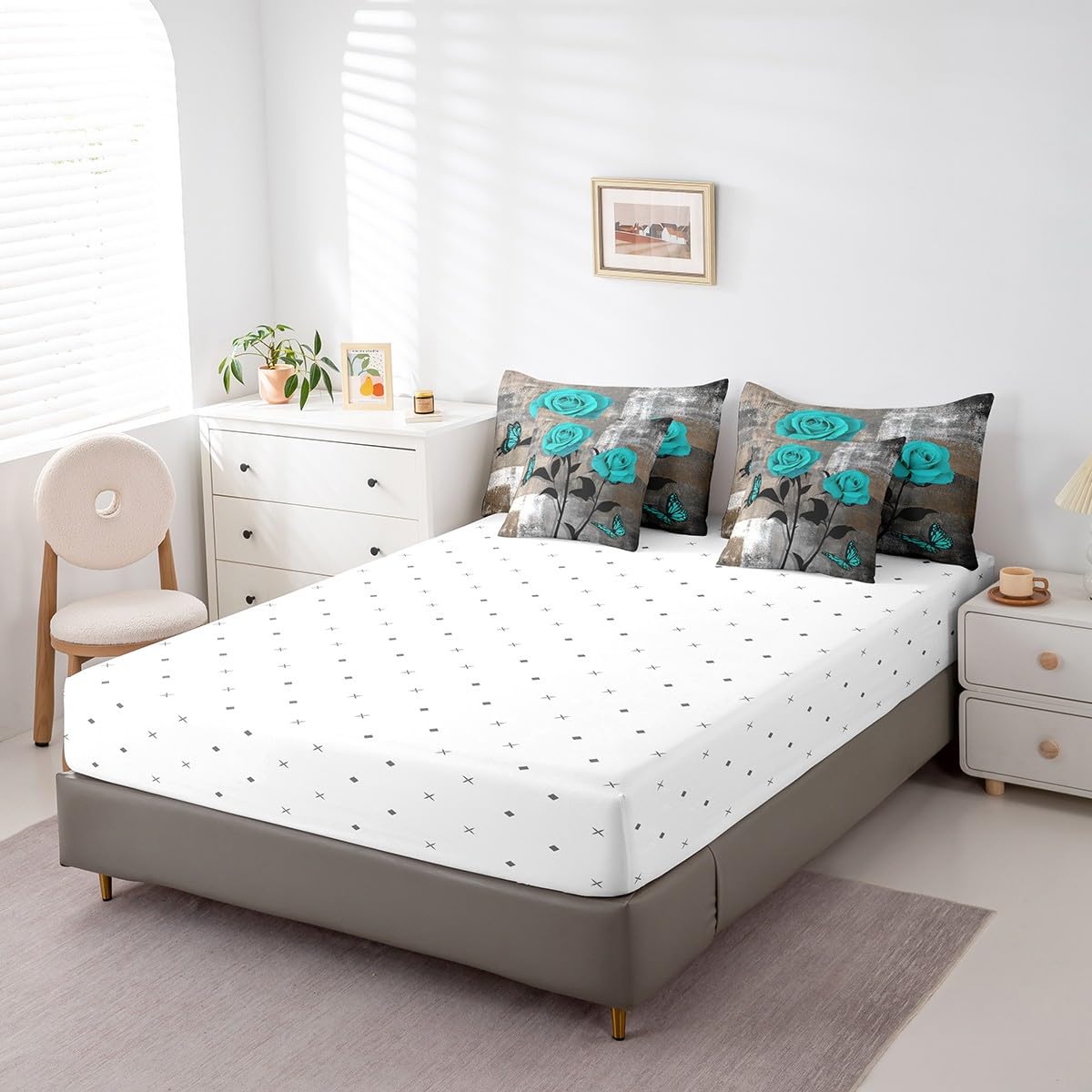 Erosebridal Grey Ombre Comforter Set Queen,Romantic Rose Butterfly Bedding Set,Grunge Watercolor Bed in a Bag,(1 Comforter,2 Pillowcases,1 Flat Sheet,1 Fitted Sheet,2 Throw Pillow Covers)