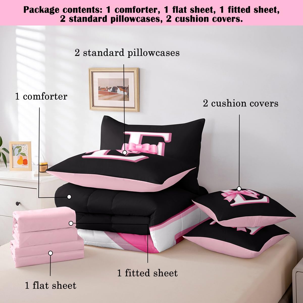 jejeloiu Kids Girls Black Pink Bow Comforter Set with Sheets Twin Size Monogrammed 7 Piece Bedding Set Personalized Initial E Bed in a Bag with Comforter,Sheets,Pillowcases Modern Fashion Bed Set