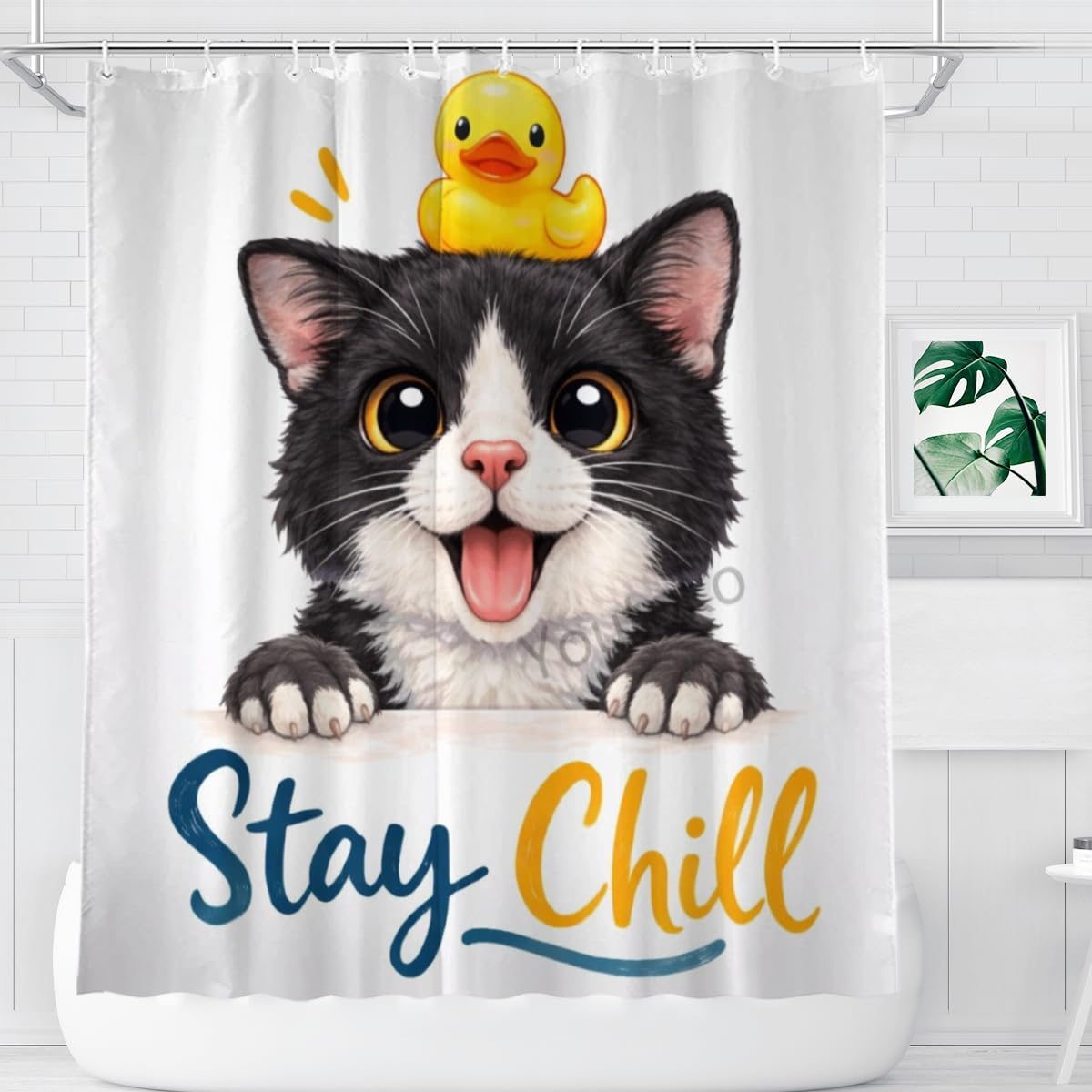 Youtoko Shower Curtain Stay Chill Tuxedo Cat Bathroom Decor 72x72 Inch with 12 Hooks Cute Farm Animal Rubber Duck Quote Waterproof Washable Polyester