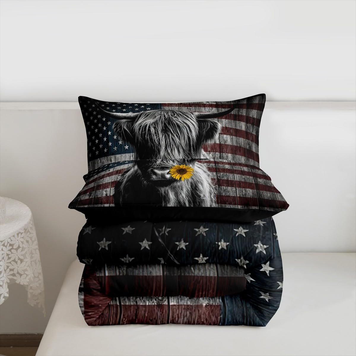 Feelyou Highland Cattle Bedding Set Sunflower Highland Cow Comforter Set for Kids Boys Girls America Flag Bull Comforter Animal Quilt Set 1 Comforter Set with 1 Pillowcase Twin Size