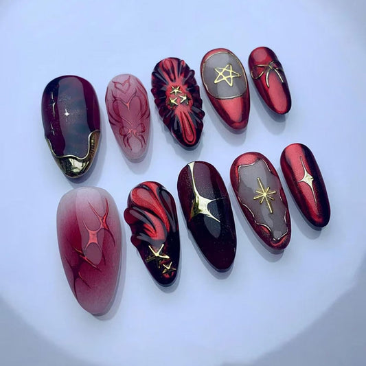 Press on Nails Almond Medium Red Fake Nails French Tip False Nails Press ons with Starburst Design Glue on Nails Artificial Acrylic Nail Art Glossy Full Cover Stick on Nail Supplies for Women 24Pcs