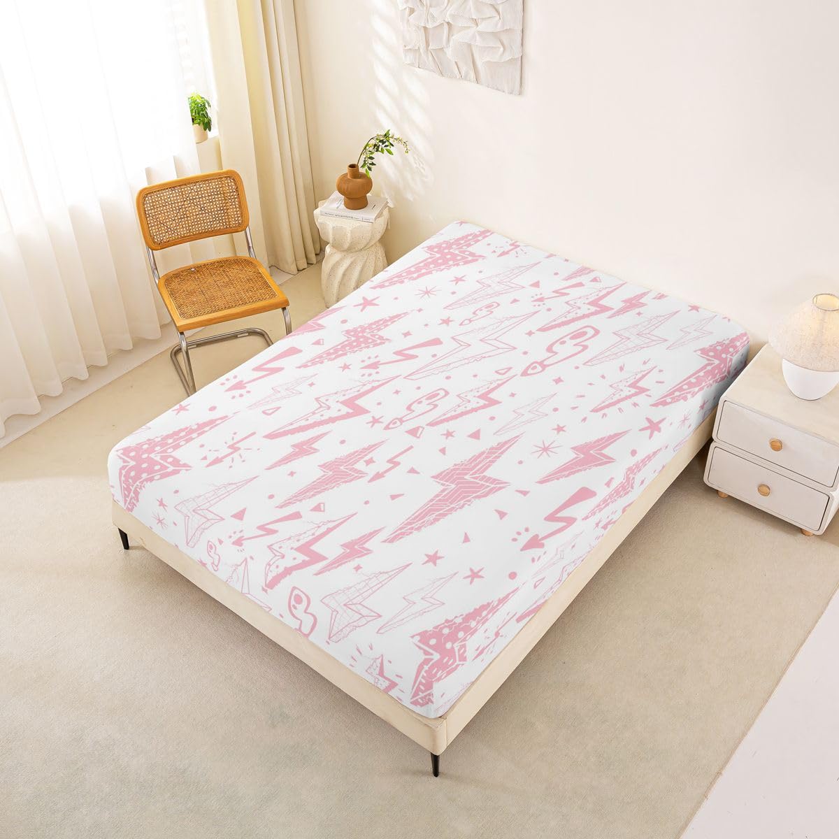 Castle Fairy Pink Lightning Fitted Sheet Queen Size (No Flat),Stars Dot Bedding Sets 3Pcs,Girls Boys Adult Room Decor,Plaid Lightning Bed Cover Princess Dreamy Deep Pocket Sheet,2 Pillowcases