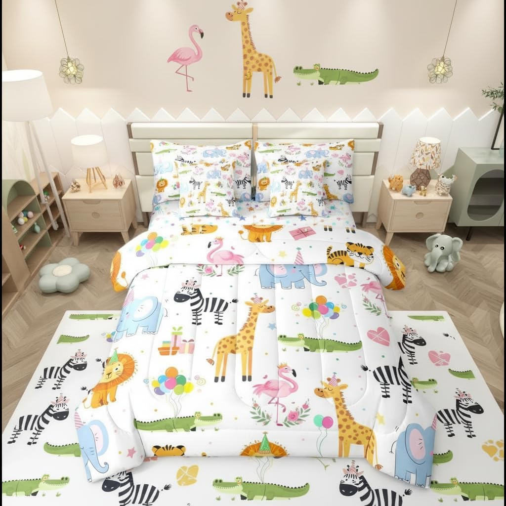 Erosebridal Party Animals 7 Piece Comforter Set Twin for Nursery | Funny Cartoon Wild Animals Bedding Set Kids Boys Girls Flamingo Giraffe Elephant Zebra Crocodile Sheets Love Heart Floral Quilt