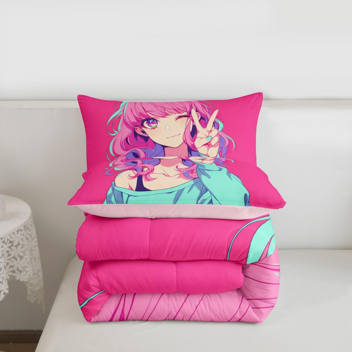Erosebridal Japanese Anime Bedding 3D Anime Girl Comforter Set, Kawaii Japanese Style Bedding Comforter Sets Cartoon Uniform Girl Duvet Insert for Girls Hot Pink Room Decor, Full