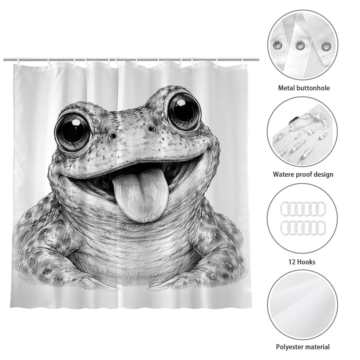 LFINKARTGOGO Sketch Frog Shower Curtain 72x72 Inch with 12 Hooks Black White Animal Portrait Bathroom Decor Cute Animal Waterproof Washable Polyester Bath Curtain