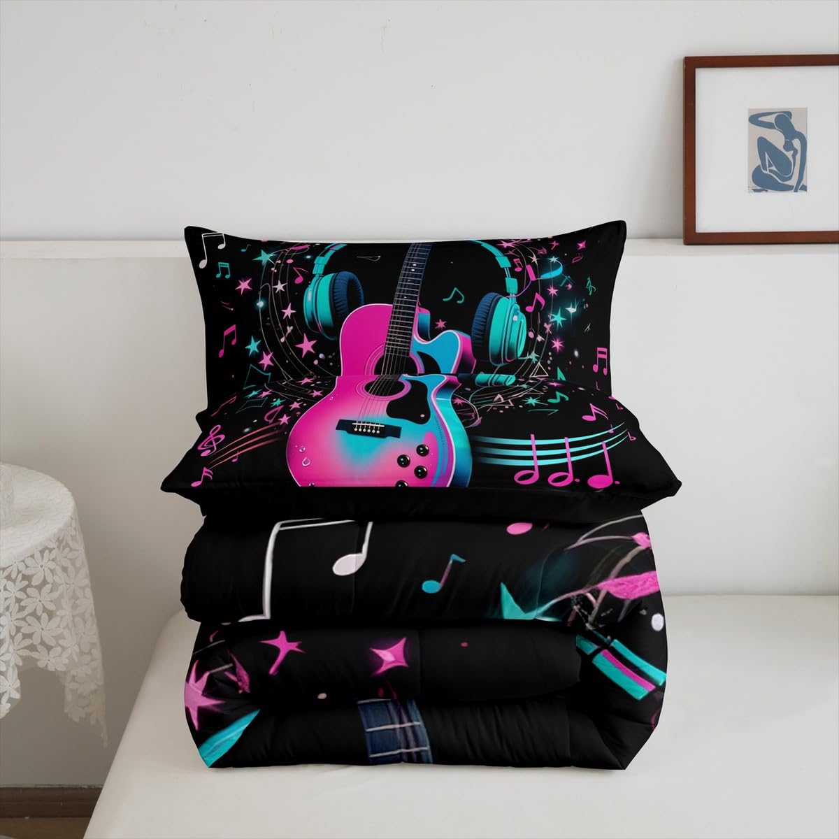 Erosebridal Guitar Music Comforter Set Queen Musical Notes Guitar Bedding Set Pop Music Theme Comforter for Kids Boys Girls,Fashion Hot Pink Blue Quilt Duvet
