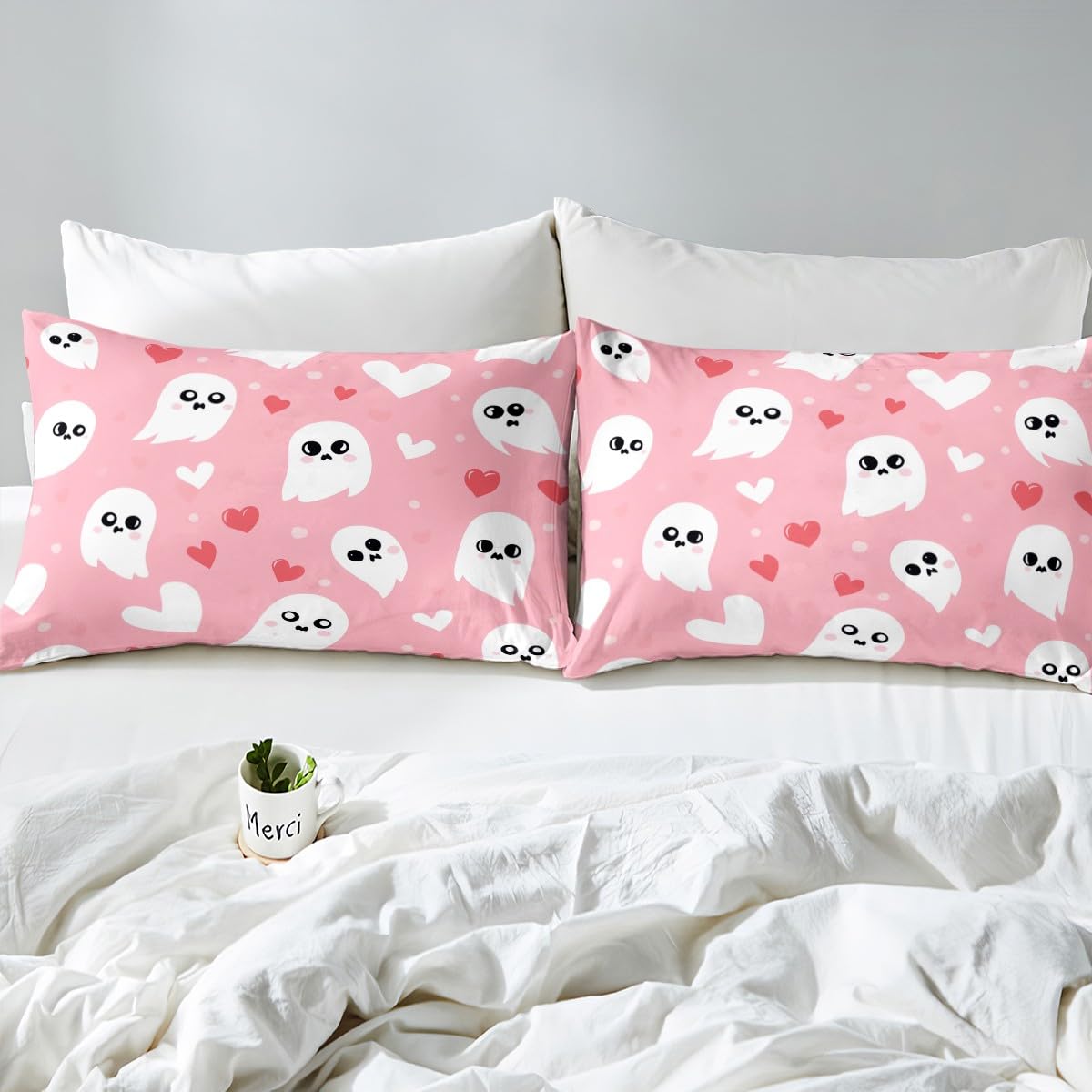 jejeloiu Cute Ghost Bed Sheets Set Full Size Kids Happy Halloween Pink Fitted Sheet for Boys Girls Kawaii Bedding Set Soft Microfiber Room Decor（with 2 Pillow Cases）