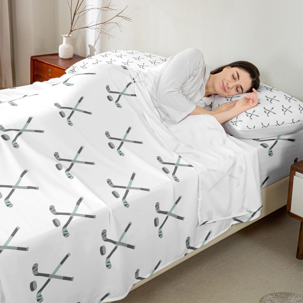 Feelyou Ice Puck Game Sheets for Girls Boys Kids Ice Hockey Bedding Set Sports Player Bed Sheet Set Hockey Sports Sheets with Deep Pocket Fitted Sheet Full 4Pcs