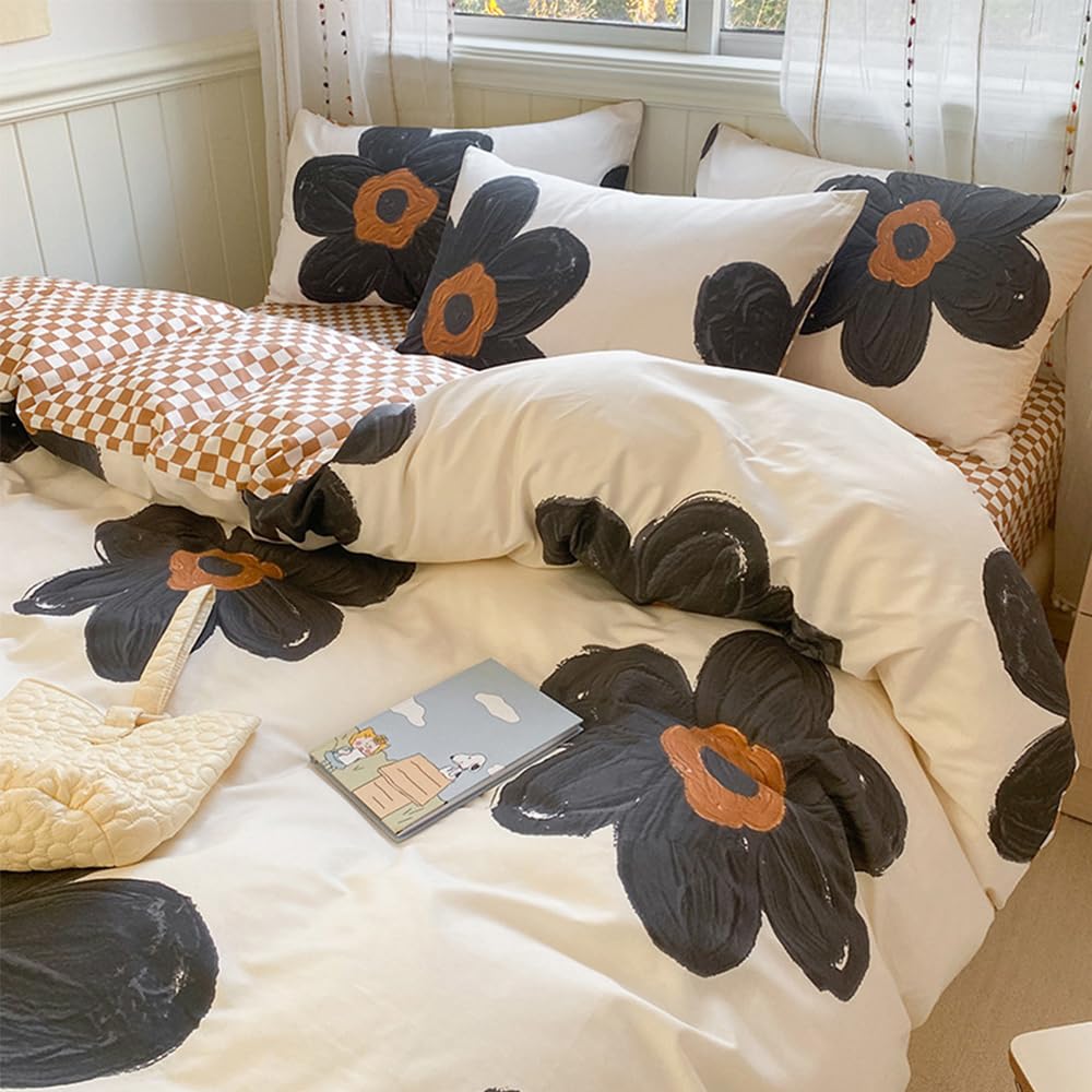 CLOTHKNOW Black Beige Floral Twin/Twin XL Comforter Set Sunflower Bedding Comforter Sets Brown Plaid Comforter Boho Comforter with 2 x Pillow Cases