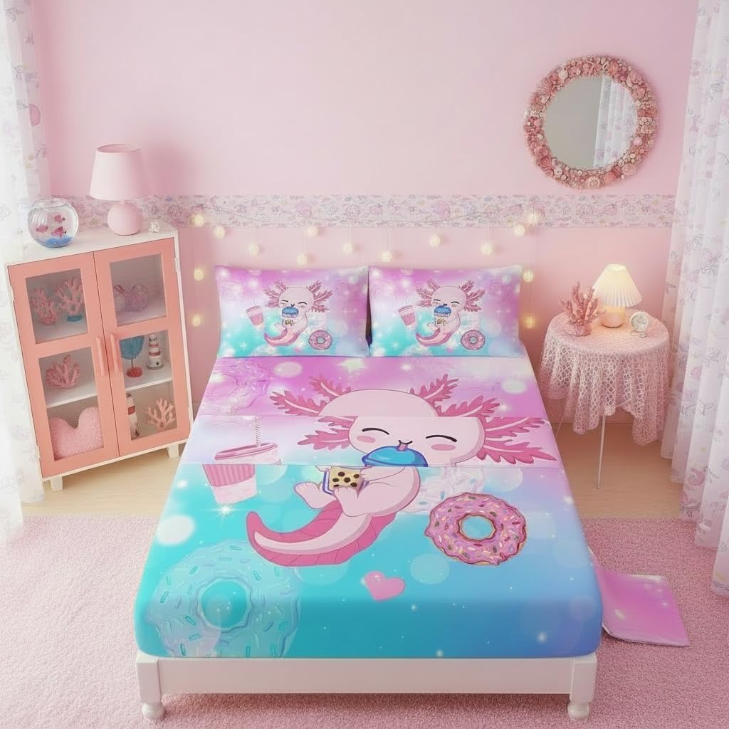 QOOMO Cartoon Pink Axolotl Microfiber Sheets for Children Funny Marine Life Kid Sheets Set Blue Pink Gradient Donut Room Decoration Queen Size 1 Fitted Sheet, 1 Flat Sheet, 2 Pillow Cases