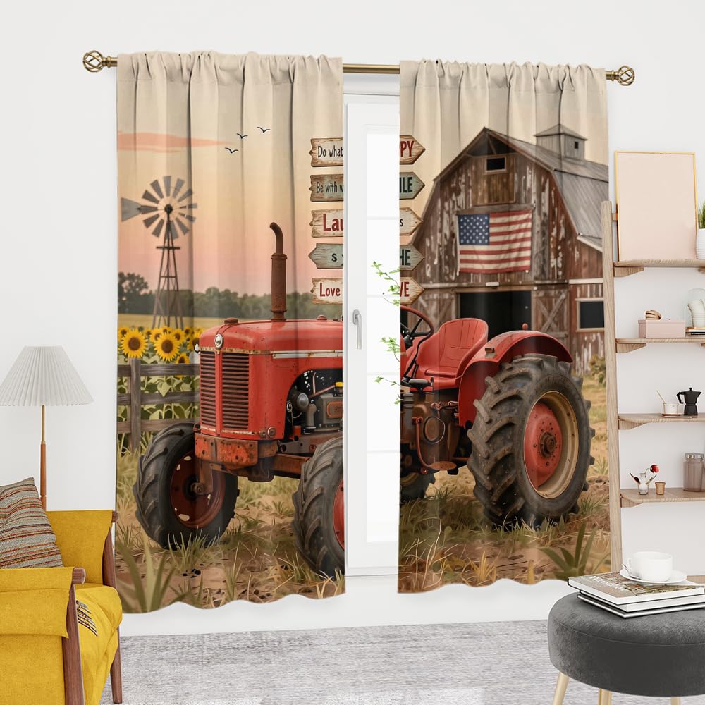 KuracleGH Cabin Farm Old Tractor Curtain-Rustic Western Farmhouse Barn Windmill Truck Rod Pocket Back Tab Window Drapes,Harvester Autumn Sunset Thermal Insulated Blackout Curtain,2pc,Each 21“W x 45”L