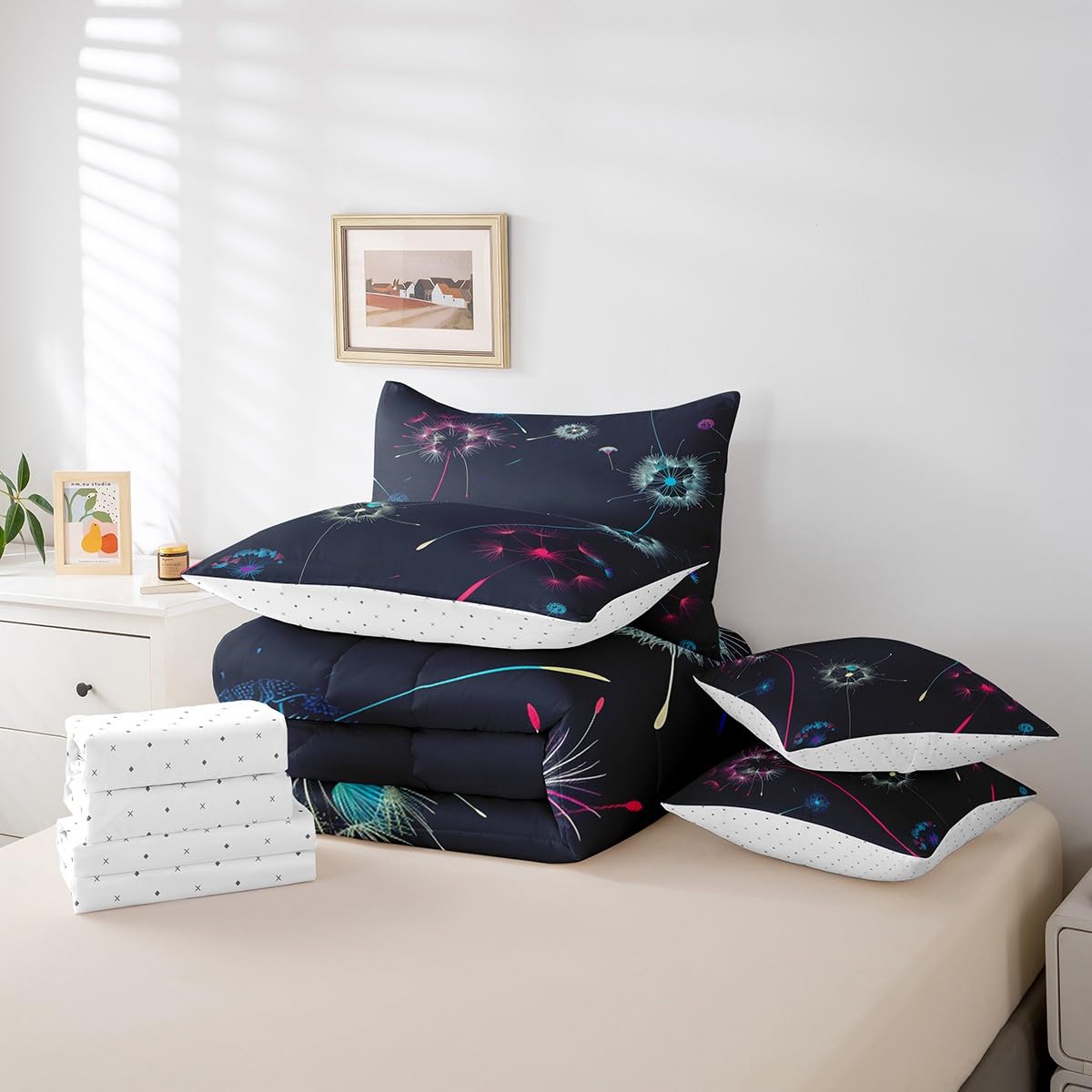 Erosebridal Dandelion Quilt with Flat Fitted Sheet Colorful Dandelion Bed in A Bag 7 Piece Twin Fantasy Flying Fluffy Petals Plant Comforter Set Rustic Farmhouse Floral Bedding Sets