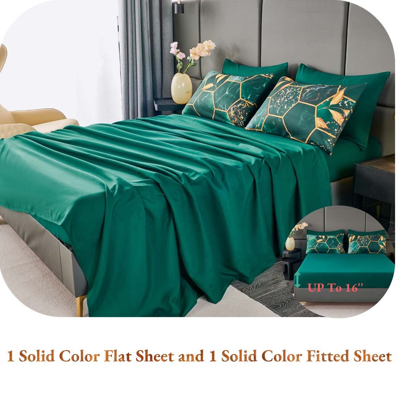 ANGIYUIN 3D Marble Printed Emerald Green Comforter Set Full, 7Pcs Geometric Hexagon Theme Comforter Gold Trim Bed in A Bag Full, Modern Watercolor Foil Print Bedding Set with Sheets (Green Full)
