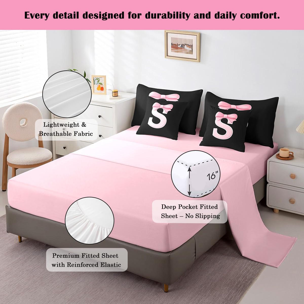 jejeloiu Kawaii Pink Bow Twin Comforter Set with Sheets,Gifts for Women Teen Girl,Monogrammed 7 Piece Bedding Set,Soft Personalized Initial Letter S Bed in a Bag with Comforter,Sheets,Pillowcases