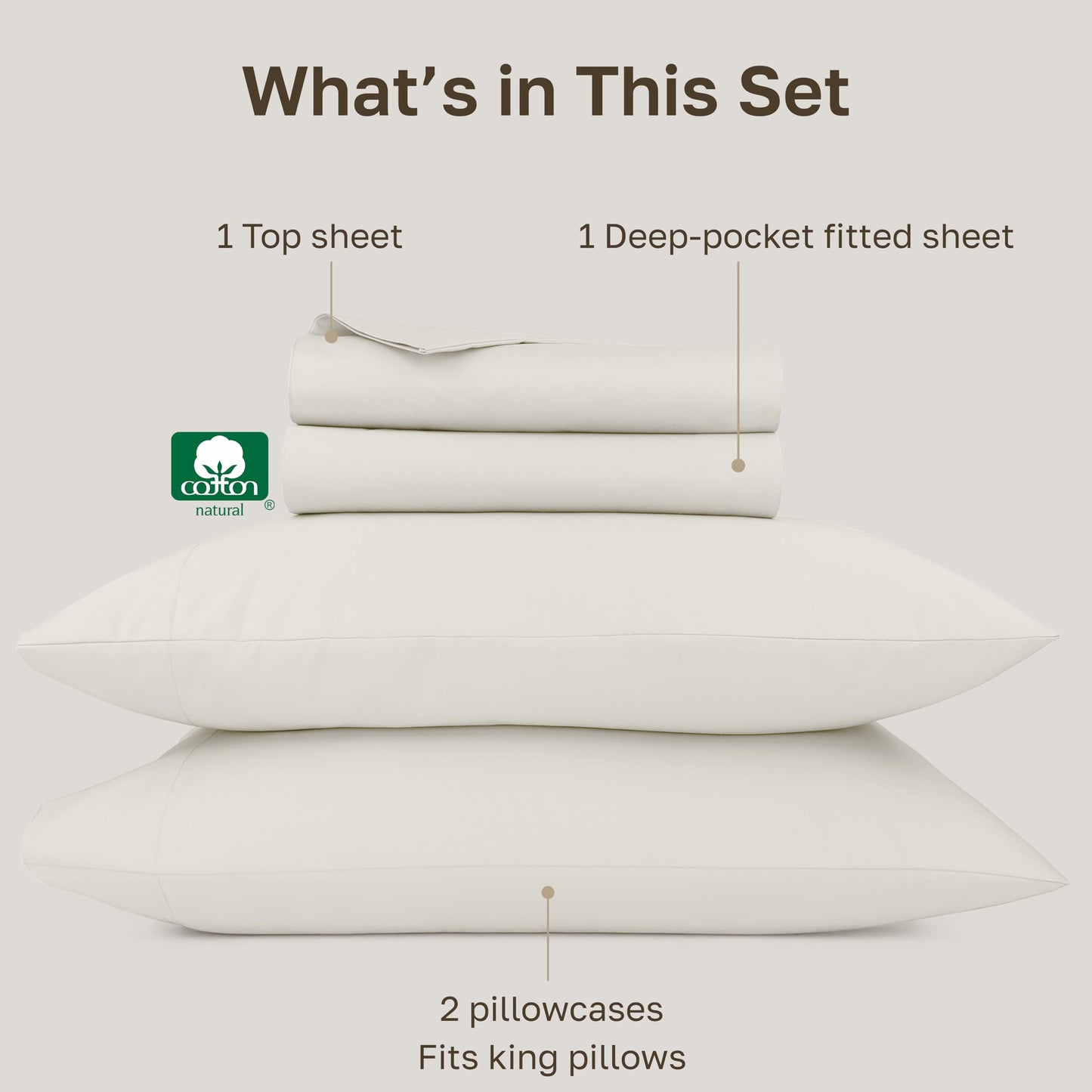 California Design Den Luxury 100% Cotton King Bed Sheets Set - 1000 Thread Count Sateen, Thick and Natural King Sheet Sets Deep Pocket Cotton Bedding, Durable - Eggshell Cream