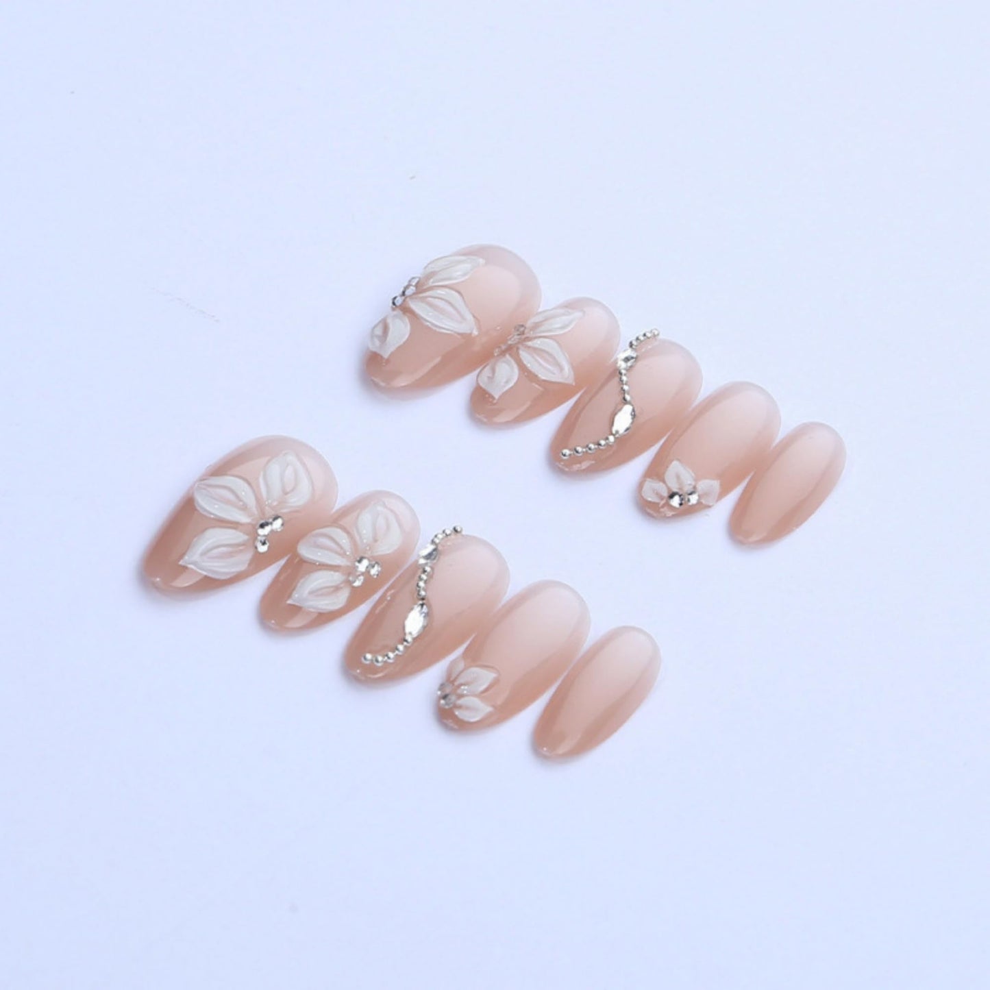 octoswave Press on Nails Medium Almond - Handcrafted 3D White Flower & Silver Rhinestone Designs - Nude Ombre Glossy Fake Nails for Weddings 30pcs