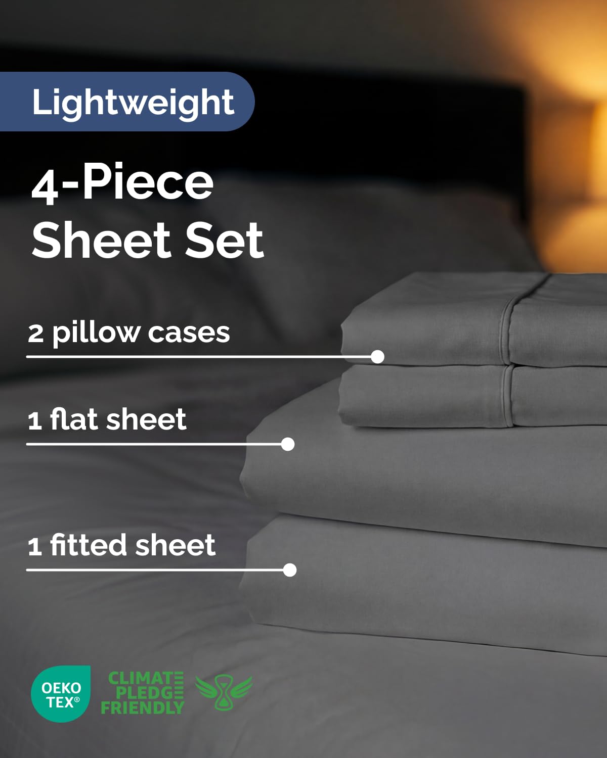 Lightweight 4 Piece Bed Sheet Set Full Size - Cooling Sheets for Hot Sleepers - Soft Breathable Bedding Set w/ 8-16 Inch Deep Pockets - 1 Flat, 1 Fitted & 2 Pillowcases - Wrinkle Resistant - Dark Grey