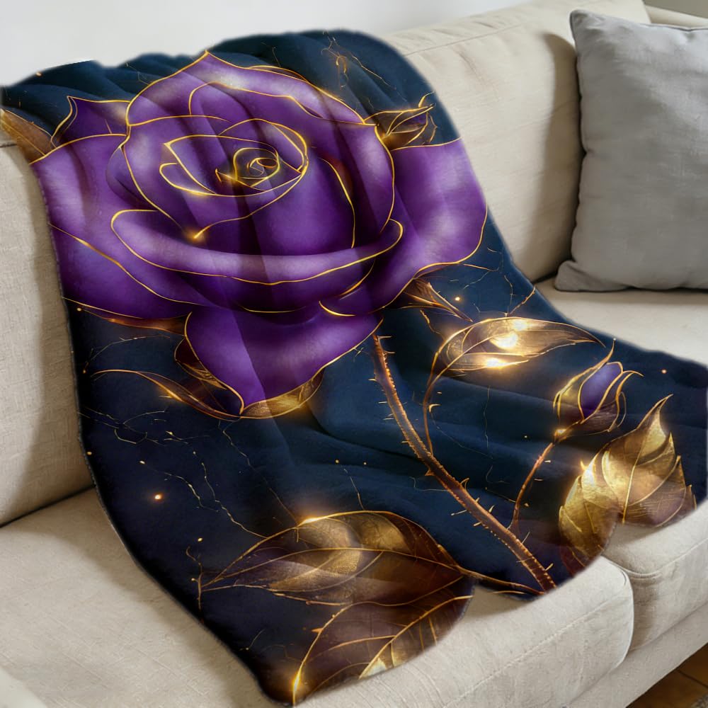 ZHOUSHUTONG Luxury Purple Gold Rose Flannel Throw Blanket, Soft Cozy Warm Elegant Floral Plush Blankets for Couch Bed Sofa, Glam Romantic Decor Blanket, Gift for Rose Lovers 49"x59"