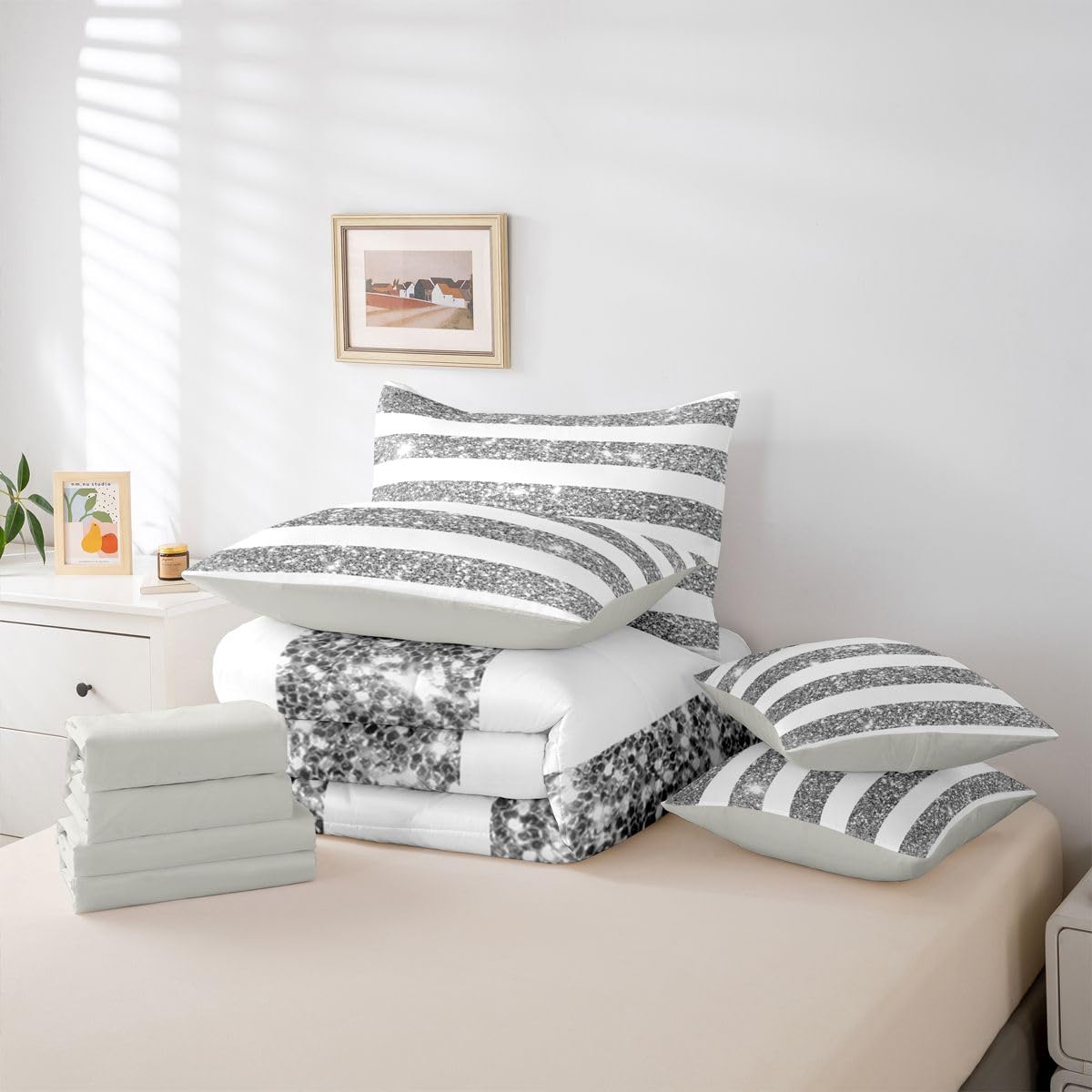 Feelyou Golden Stars Glitter Comforter Set Full Size 7 Pieces Diamond White and Grey Bedding Set for Kids Boys Girls Bling Partyations Bed in a Bag with Comforter, Sheets, Pillowcases, Covers