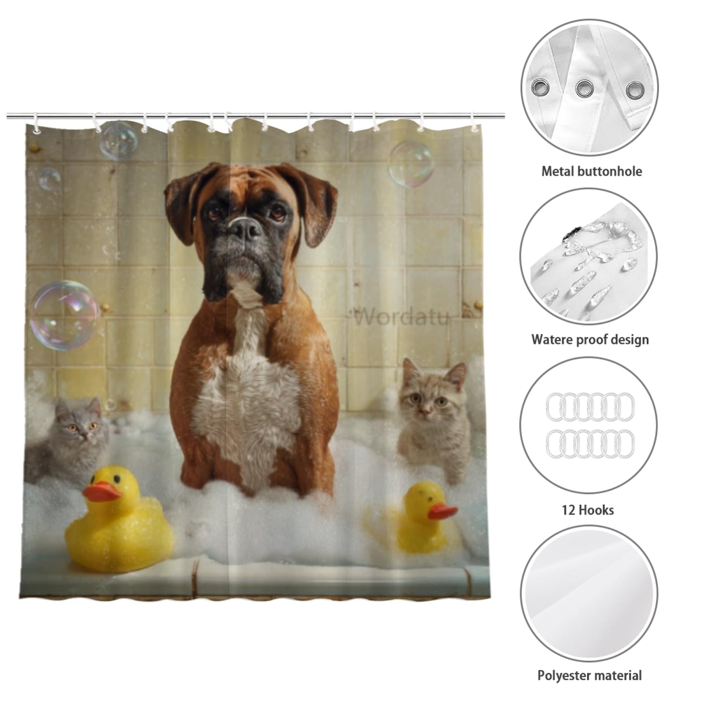 Wordatu Boxer Dog Shower Curtain Bathroom Set 72X72 Inches Funny Cat Lovely Animals in Bathtub for Boys Bath Farmhouse Art Home Decor Fabric 12 Hooks