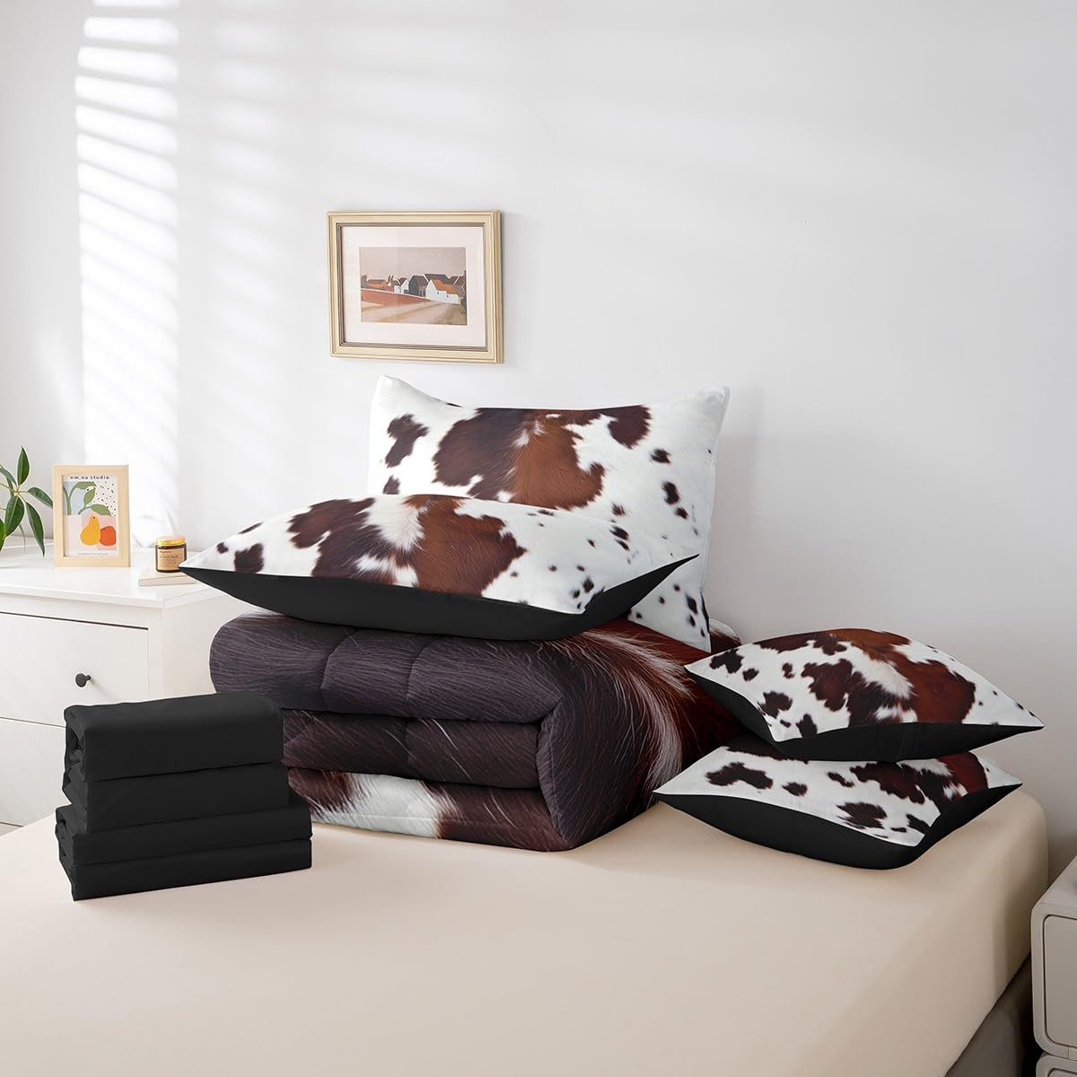 Erosebridal Cute Cowhide King Bed in A Bag 7 Piece for Teens Cow Print Western Comforter Set with Sheet Black Brown Cow Spots Bedding Set for Boys Adult Women Farm Animal Skin Bedding Comforter Set