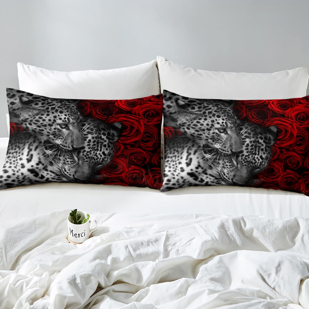 Red Rose Bedding Set Queen,Leopard Printed Comforter CoverGirls,Kids Wild Animals Duvet Cover Set Romantic Flowers Bedspread Cover Fashion Teens Bedroom Decor 3 Pcs Bed Collection(No Comforter)