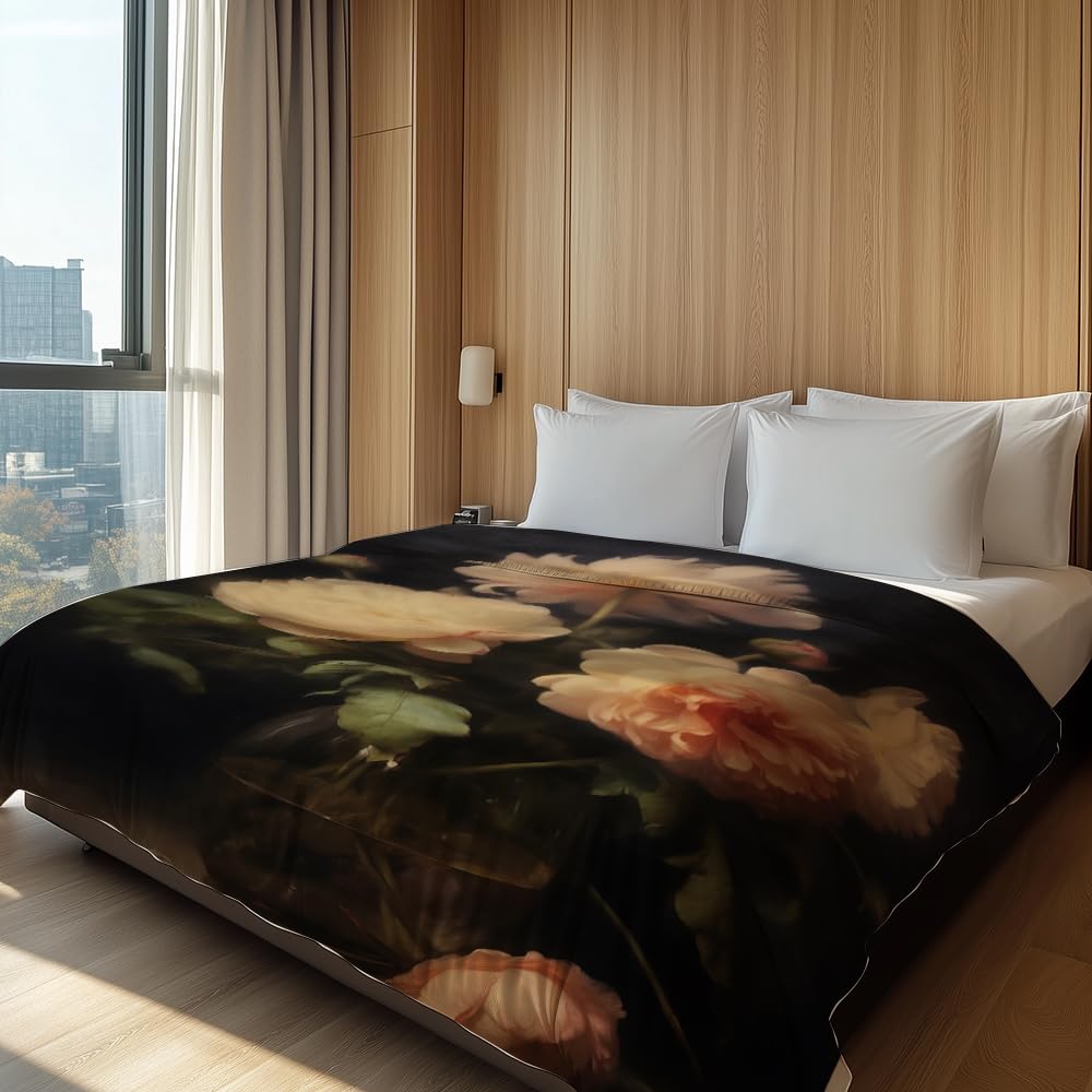 HUNXIAOJ Peony Throw Blanket Peony Gift for Women Floral Print Blanket Flower Decor Warm Soft Flannel for Girls Women Adults Bed Sofa Couch (50 in x 60 in)