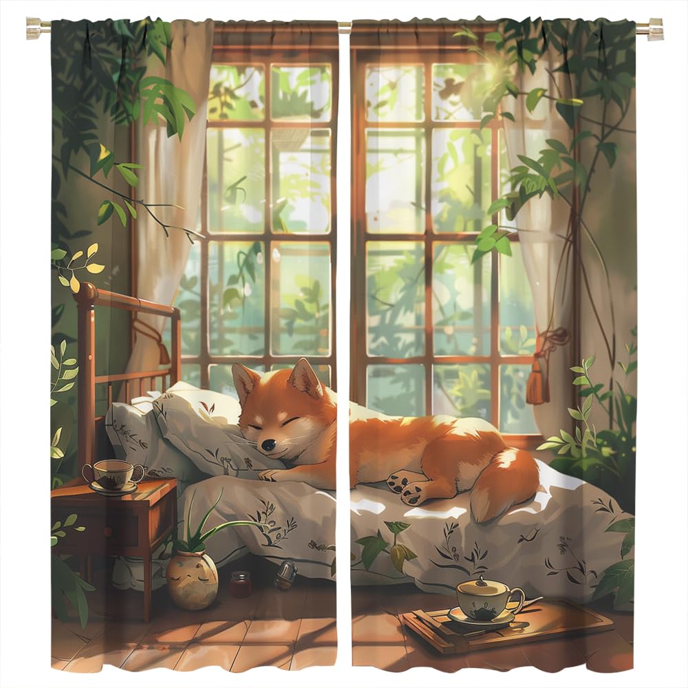 SOPIYRIO Cartoon Cute Dog Blackout Window Curtains Farmhouse Sleeping Animal Leaf Rod Pocket Curtains for Bedroom Thermal Insulating Drapes for Living Room 2 Panels 21 W x 45 L inch