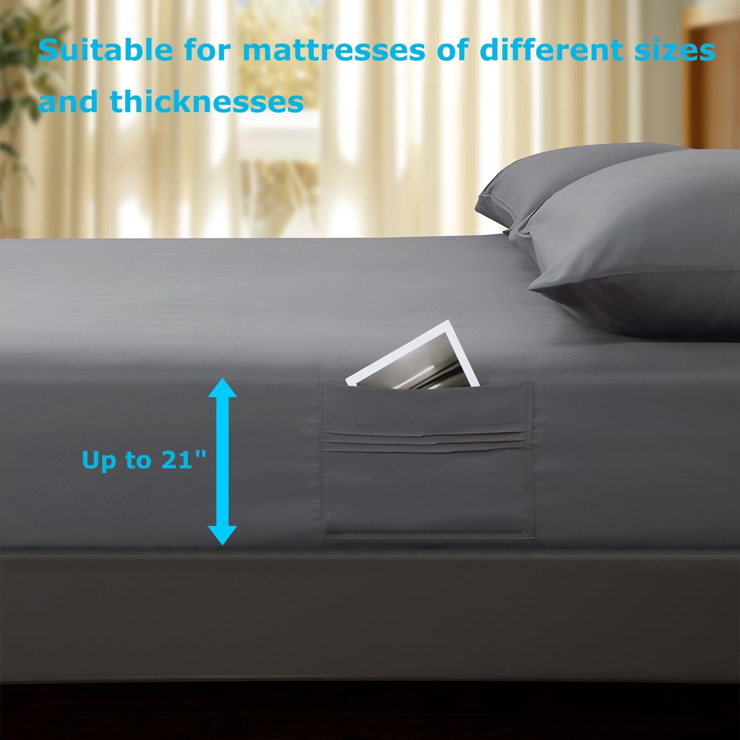 Popfavor Deep Pocket Queen Fitted Sheet with Straps - Fits Mattresses Up to 21" Thick - 3 Piece Bed Sheets - Moisture Wicking, Cooling & Soft Fitted Sheet & Pillow Cases (Grey)