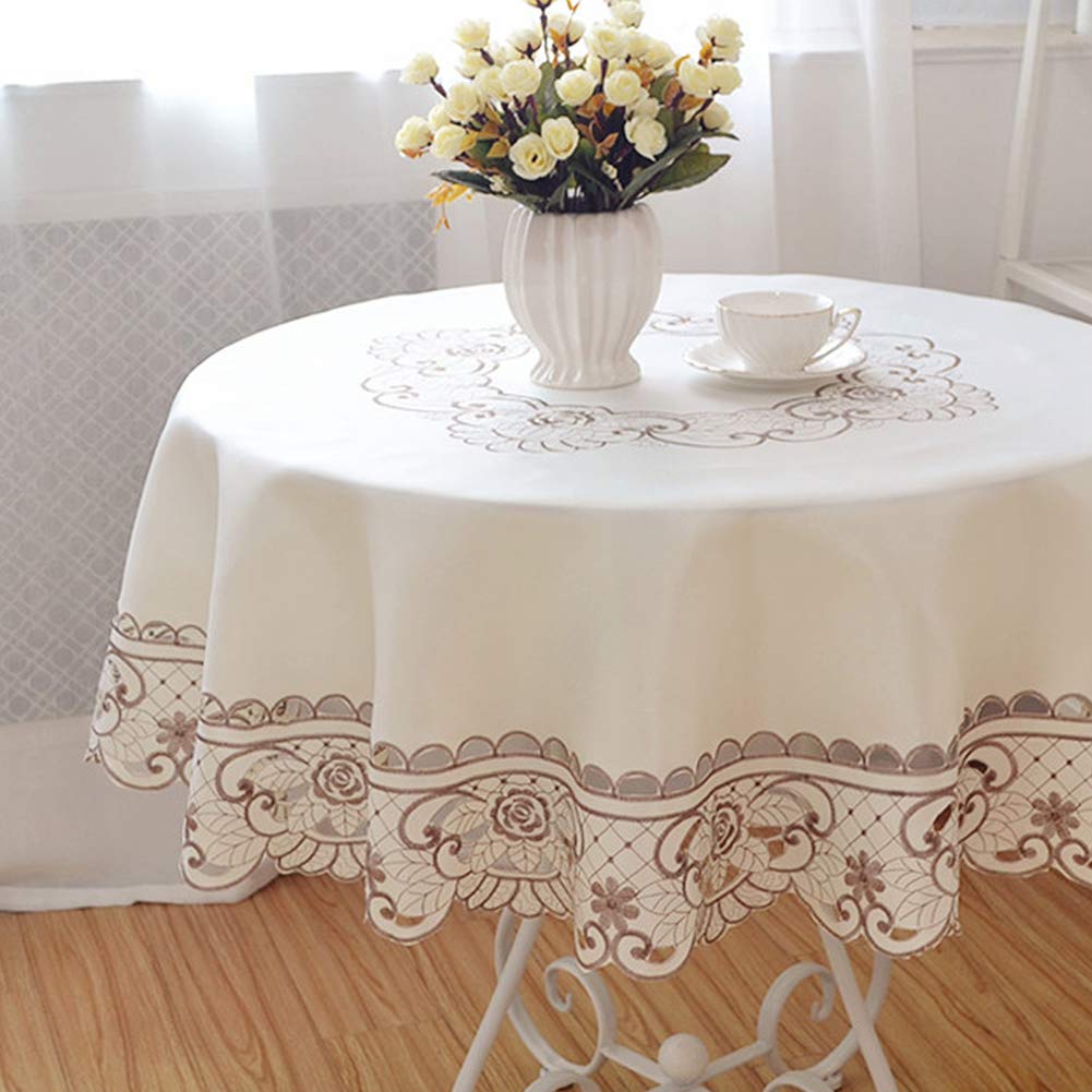 AMZALI Round Table Cloth Flower Embroidered Lace Tablecloth Wrinkle Free & Stain Resistant Fabric Tablecloths Table Cover for Kitchen Dinner (Round 60 inch)